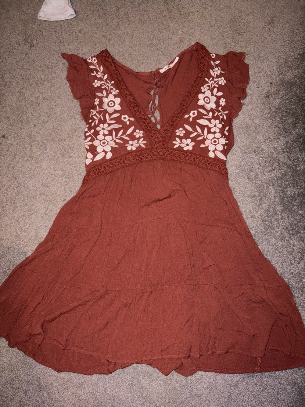 Francesca’s Rust Floral Embroidered V-Neck Dress
